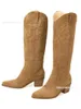 Bot Nakış Batı Kadın Botları Yerde Slayt Vintage Kovboy Boot Sonbahar Med Blok Topuk Diz Yüksek Med Buzlu Ayakkabı L230711