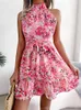 Casual Dresses Floral Print Mini Women Summer Sleeveless Off Shoulder Halter Dress Female Elegant Temperament Chic Tie-up Ruffles