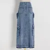 Rokken Multi Zakken Maxi Denim Cargo Dames Hoge Taille Knop Fly Front Split Lange Kokerjurk