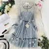 Abiti casual Luzuzi Primavera Autunno Donna Star Paillettes Garza Flare Sleeve Lace-up Princess Dress Donna Elegante O-Collo Mesh Puff