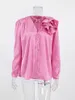 Blusas femininas RDMQ 2023 rosa festa feminina cetim camisas elegantes com flor decote em v túnica irregular manga longa drapeado e tops