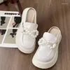 Chinelos Sapatos Feminino 2023 Cover Toe Feminino Mule House Platform Pantofle String Bead Med Mules Flat Slides Tecido PU S