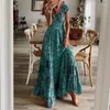 Abiti casual Causale Boho Abito lungo con stampa vintage per donna Sexy scollo a V Manica corta Elastico in vita Vestidos Spiaggia femminile Grande altalena lunga