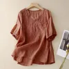 Women's Blouses Retro Cotton Linen Embroidered Tops Solid Color V Neck Vintage Artistic 5/6 Sleeve Top Short T Shirts For Women