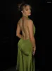 Robes décontractées BOOFEENAA strass frange licou dos nu une ligne Maxi élégant Sexy robes de soirée femmes robe de soirée vert C71-DD41