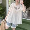 Chemisiers pour femmes Femme Japonais Vintage Broderie Col Doux Blanc Chemise Lâche Manches Courtes Top Été