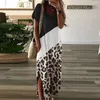 Vestidos casuais plus size fendas laterais leopardo maxi para mulheres 2023 verão decote em v manga curta bolsos coloridos roupão pulôver