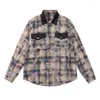 Camicie casual da uomo Camicia a maniche lunghe scozzese impiombata Giacca da uomo patchwork in pelle con risvolto allentato retrò monopetto orlo curvo