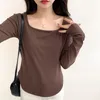 Women's T Shirts Spring Fashion Square Collar Women T-shirts Autumn Asymmetrical Hem Long Sleeve Slim Ladies Top Casual Solid Female Shirt