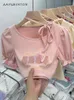 Женские футболки Tic Sweet Girl Slim Short Clabical Crop Tops Y2K Pink Design Filep Tshirt Women 2023 Летняя каваи.