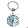 Porte-clés Pierre Naturelle Quartz Rose Opale Aventurine Gemme Arbre De Vie Anneau Porte-clés Guérison Améthyste Cristal Chaîne Bijoux Drop Delive Dhzmx