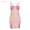 Sukienki na co dzień seksowna różowa kokarda Spaghetti pasek młodzieżowa dziewczyna patchworkowa sukienka letnia szykowna Bodycon Kawaii styl Lolita słodka Vestidos