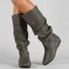 Botas SGESVIER Plus Size 34-52 Botas meia panturrilha salto alto feminino Botas plissadas Feminino Sapatos bico redondo Sapatos baixos Outono Inverno 2020 L230712