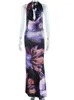 Casual Jurken Sexy Print Backless Maxi Jurk Vrouwen Mode Sjaal Kraag Halter Longuette Zomer Chic Vrouwelijke Strandvakantie