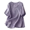 Women's Blouses Retro Cotton Linen Embroidered Tops Solid Color V Neck Vintage Artistic 5/6 Sleeve Top Short T Shirts For Women