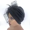 Ethnic Clothing 2023 Retro Feather Flower Turban Cap With Veil Elegant Women's Party Hat Muslim Headscarf Bonnet Ladies Head Wrap Turbante