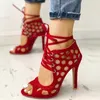 Kadınlar Yaz Yüksek Topuklu Sandallar Peep Toe Hollow-Out Stilettos Gladyatör Ayakkabı Moda Sıradan Seksi Parti Plus Boyut Pompaları L230704