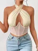 Women's Tanks Women's Clothing Lucency Contrasting Colors Net Cloth Solid Color Sexy Backless Cross Halter Tank Tops