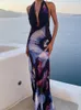 Casual Jurken Sexy Print Backless Maxi Jurk Vrouwen Mode Sjaal Kraag Halter Longuette Zomer Chic Vrouwelijke Strandvakantie