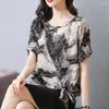 Women's Blouses Summer Floral Printing Chiffon Shirt Ladies Bow Oversized Blouse Female Short Sleeve Loose Casual Fashion Pullover Top