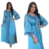 Ethnic Clothing Muslim Middle Eastern Dubai Long Dress Vestios Saudi Arabia Feather Diamonds Full Sleeves Elegant Robe Abaya Satin Gowns