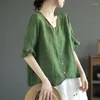 Women's Blouses Shirt Art Retro 5/4 Sleeve Cotton Linen V-Neck Fashion Loose Versatile Embroidery Top Blusas Mujer De Moda
