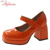 Aphixta 2023 新プラットフォームスクエアトゥパンプス女性の靴 7 センチメートルチャンキーヒールオレンジ抗ドロップポン引きバックルパンプスプラスビッグサイズ 35-45 L230704