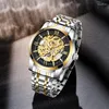 Wristwatches Gold Skeleton Mechanical Men Watch Male Luxury Business Stainless Steel Band Automatic Wacht Teen Clocks Waterproof Gent Gifts