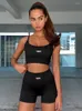 Women's Tracksuits Sexy Letter Print Black Ribbed Knitted Workout Cropped Tank Biker Shorts 2 Pcs Women 2023 Summer White Baddie Matching