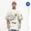 Hip-hop elle boyanmış grafiti high Street Crewneck kısa kollu tişört