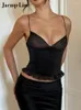 Débardeurs pour femmes Jacuqeline Satin Strap Sheer Crop Top Voir à Travers V Profond Patchwork À Volants Femmes Y2K Corset Tops 2023 Summer Slim Party