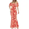 Casual Dresses Women's Red Elegant Short Sleeve Fishtail Dress Summer One-Shoulder Sexy Long Skirt Frangipani Print Beach