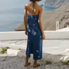 Casual Dresses Embroidery Denim Dress Woman Slip Halter Long Women Sexy Backless Midi For 2023 Summer Beach