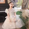 Roupa étnica infantil manga curta lantejoulas miçangas festa vestido formal aniversário meninas vestido de noiva champanhe claro