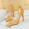 2023 Femmes 10cm Talons Hauts Jaune Sandales Lady Stripper Mesh Nude Strap Sandles De Mariage De Mariée De Luxe De Bal Sexy Pleaser Chaussures L230704