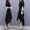 Urban Sexy Dresses Summer Women's Clothing Black Long Dress Short Sleeve Irregular Grace Chinese Style Retro Slim Fit Belt Midi Skirt Wholesale New L230711