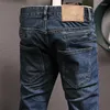Jeans da uomo Streetwear Faashion Men Retro Blue Stretch Slim Fit Spliced Biker Homme Zipper Designer Hip Hop Pantaloni strappati Hombre