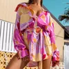 Casual Jurken FUFUCAILLM Bohemian Beach Style Mini Vrouwen Satijnen Shirt Jurk Met Sjerpen Oversized Lange Mouwen V-hals Herfst Streetwear