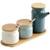 Storage Bottles Jars Ceramic Seasoning Jar with Wood Lid Salt Shaker Kitchen Supplies White Seasoning Jar Spoon Set Sugar Box 230710