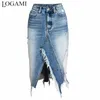 Saias LOGAMI rasgado Denim Peça colada ao corpo Saia lápis assimétrica feminina Saia jeans alta fenda feminina Saia midi 2XL 230710