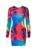 Urban Sexiga Klänningar Hugcitar Rainbow Tie Dye O Neck Långärmad Rygglös Elegant Sexig Slim Mini Klänning 2022 Höst Kvinnor Födelsedagsfest Y2K Jul L230711