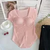 Women's T Shirts Summer Fashion Sexy Pure Desire Girl Square Collar Short-sleeved T-shirt Female Slim Irregular Chest Pad One-piece Top