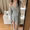 Women's T Shirts Summer Sexy Three-piece Suit With Breast Pad Women Lace Cardigan Pajamas Modal Grey Halter Shorts Home Wear