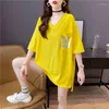 Women's T Shirts DUOFAN Mid Length V-neck T-shirt Women Summer Short Sleeve Oversized Digital Printing Tee With Pockets Korean Casual Design