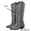 Boots Onlymaker Women Black Knee High Boots Western Cowboy Booties Clear Glitter Bling Shiny Pointed Toe Block Heel Boots 230711