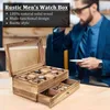 Jewelry Pouches Watch Box - 10 Slot Case Display For Men Women Organizer Made Of Solid Wood & Soft Linen Rustic Brown