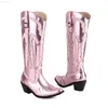 Boots Western Boots Women Metallic Fashion Cowboy Boots Emboridery Block Heel Silver Shoes 2022 Brand New Winter Punk Knee High L230712