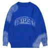 Men's Sweaters Hand-painted Gradient Letter Ripped Sweater Men Fall Winter Loose Tie Dye Distressed Pullover Retro Knitted Jumper Blue