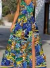 Casual Kleider CHICEVER Print Split Für Frauen V-ausschnitt Ärmellose Hohe Taille Tunika A-linie Hit Farbe Sommer Maxi Leibchen kleid Weiblich