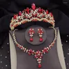 Necklace Earrings Set Gorgeous Red Crystal Luxury Bridal For Women Crown Tiaras Bride Sets Prom Wedding